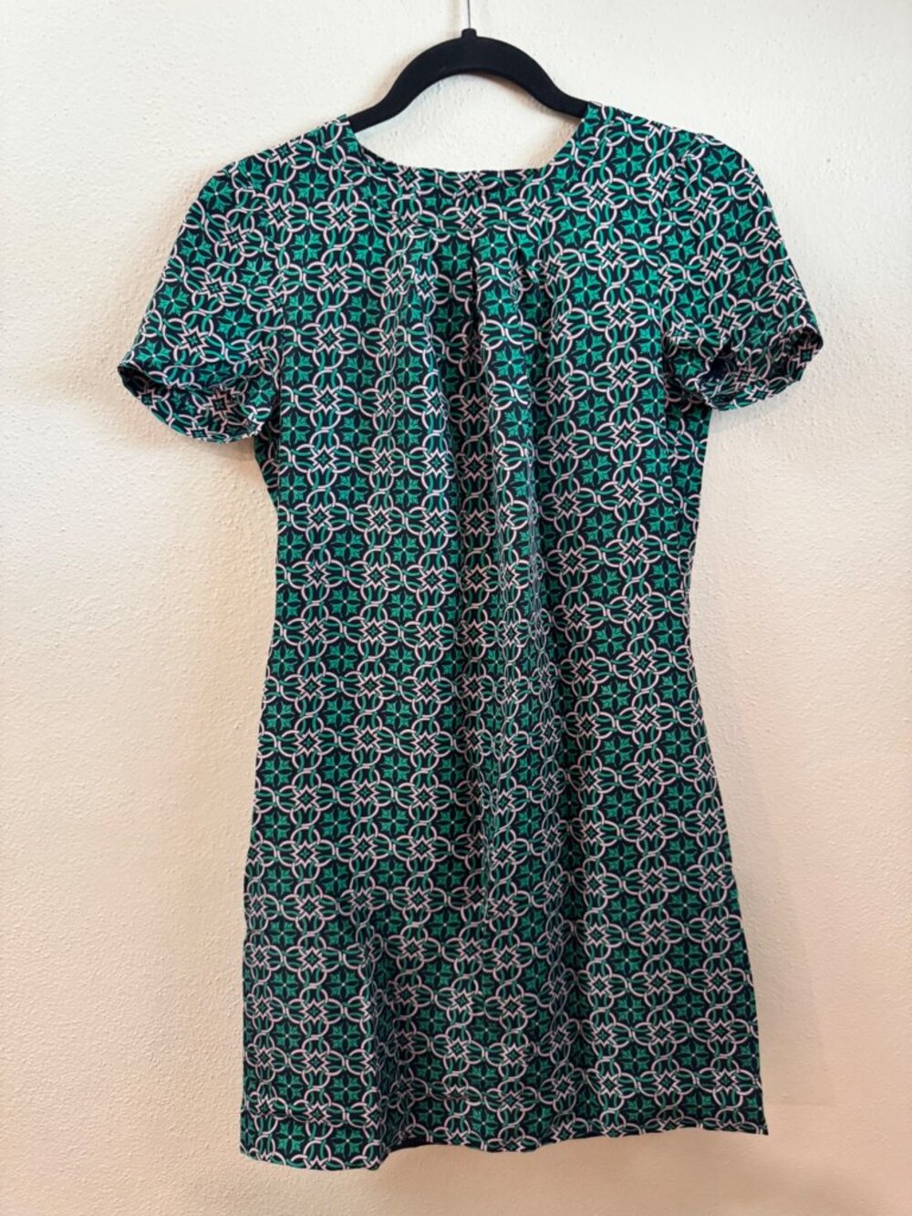 J.Crew Green Geometric Print Shift Dress Size 00 Short Sleeve Career Dress